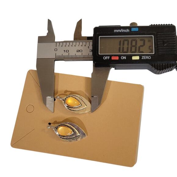 Amber Orange Cabochon Teardrop Dangle Earrings Silver Tone Leaf w/ Gift Bag - Picture 5 of 7